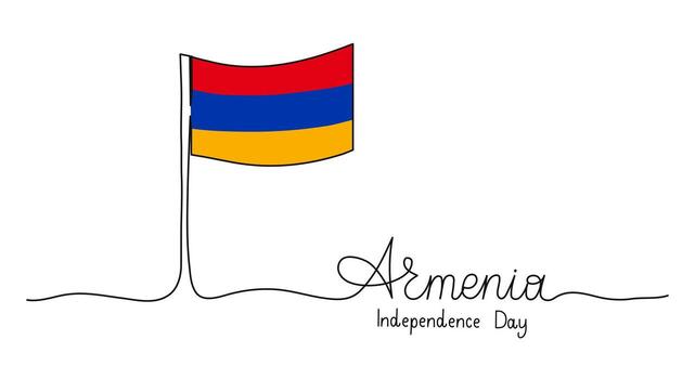 Armenia Independence Day banner template. Flag and Words in continuous one line art style. Minimalist black drawing of greeting. Hand drawn quote with editable stroke. Outline handwritten script vector