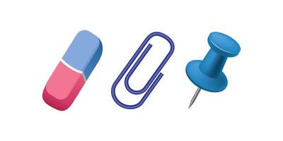 Office Stationery Item 3d Realistic . Eraser, Pin Clip Office Stationery vector