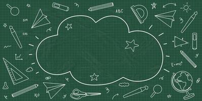 Back to School banner with Doodle school Supplies on blackboard. Simple hand drawn design with chalk typography. Education flyer, poster, card, sale. illustration. Stationery on green board. vector