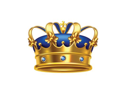 Realistic 3D golden crown icon in closeup isolated on white background featuring detailed royal design, shiny metallic gold surface, symbol of monarchy and luxury prestige