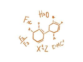 Hand drawn scientific and chemical equations illustration with atomic structures, molecular bonds and chemistry formulas for science education themes vector
