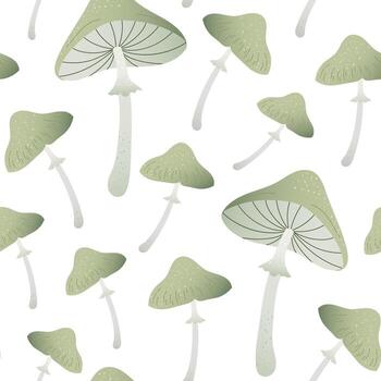 mínimo sin costura modelo con verde bosque hongos. suave texturizado formas en blanco antecedentes crear acogedor bosque atmósfera diseño para otoño tarjeta, textil, envase papper o natural impresión vector