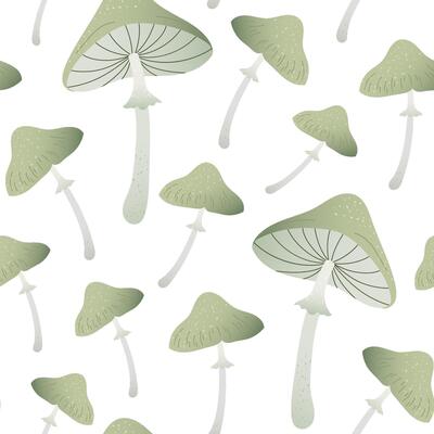minimal seamless pattern with green forest mushrooms. Soft textured shapes on white background create cozy woodland atmosphere Design for autumn card, textile, wrapping papper or natural print