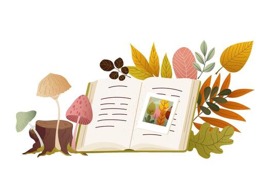 Autumn composition with open book, mushrooms and seasonal leaves in warm cozy style. Hand drawn textured illustration for fall card, print, poster, banner. Nostalgic design with soft atmosphere vector