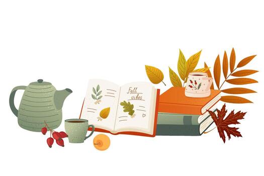Autumn tea scene with open books, leaves, berries and warm drinks. Cozy textured composition for seasonal print, book lover card, poster or fall project. Nostalgic design with soft atmosphere vector