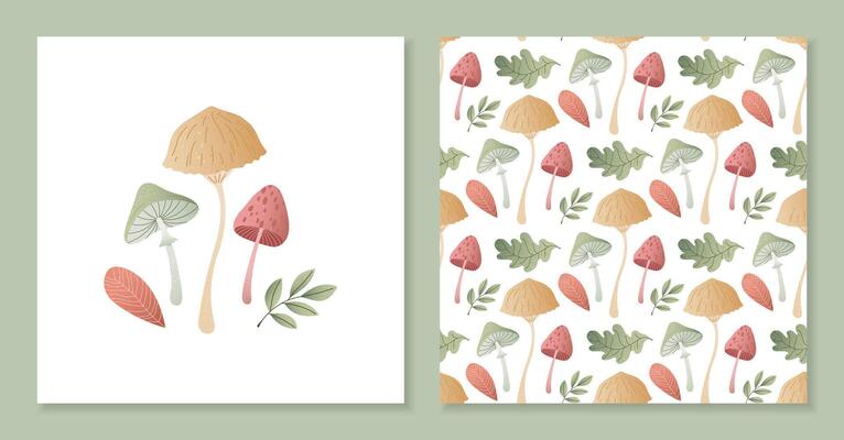 autumn mushroom pattern and matching composition with tender pastel fungi and soft palette leaves. Warm textured illustration for seasonal card, print, textile decor or cozy fall design project