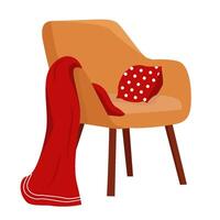 flat comfortable armchair with warm red woolen blanket and pillow. Cozy domestic interior design element isolated on white background vector