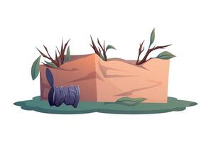 Cartoon isolated of a crumpled cardboard box with dry twigs and leaves on grass, next to a tin can. Concept of wildlife using trash for shelter, recycling, animal behavior, and urban ecology. vector