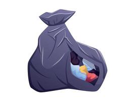 Cartoon Garbage Bag with Hole and Colorful Trash Inside. isolated illustration of a full black waste sack with visible rubbish. Perfect for environmental, waste management, or recycling topics. vector