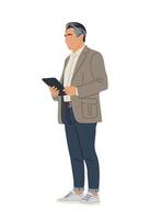 Senior man in smart casual outfit holding tablet vector