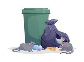 illustration of garbage bin, torn trash bag, and rats. Concept of rodent infestation, food waste problems, pest control, and urban hygiene. Isolated cartoon clipart for banners and templates. vector