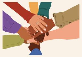 Hands of diverse business people putting together vector