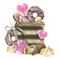 Chocolate cakes, donuts, waffles and yummy pink icing and heart-shaped lollipops. Watercolor illustration. A composition from a large set of SWEETS. For the design and design of menus, cafes. vector