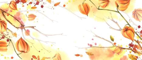 Autumn template, frame for text with orange physalis and tree branches. Watercolor illustration hand-drawn in warm colors for design and decoration of seasonal cards, invitations and packaging. vector