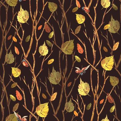 Dark brown autumn seamless pattern with yellow birch leaves, ladybugs and tree branches. Hand-drawn watercolor illustration in warm autumn colors for packaging and seasonal use.