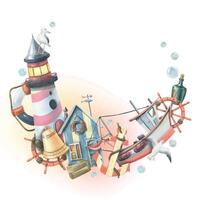 Colorful lighthouse and coastal scene illustration vector