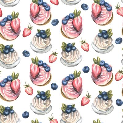 Cupcakes with cream and blueberries and strawberries. Watercolor illustration. Seamless pattern on a white background from the SWEETS series. For decoration and design of textiles, wallpapers, menus