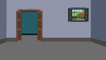 A cartoon room with a window and a door vector