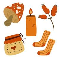 Autumn cozy elements set with mushroom, candle, berries and warm socks. vector
