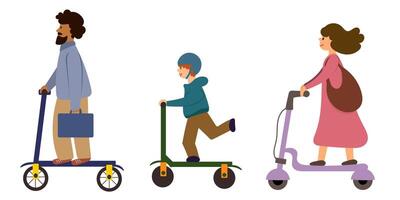 Family riding on scooters. People using scooters. vector