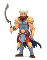 ancient fantasy warrior with stern face standing threatening pose in armor and with weapon cartoon illustration isolated vector