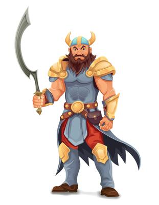 ancient fantasy warrior with stern face standing threatening pose in armor and with weapon cartoon illustration isolated