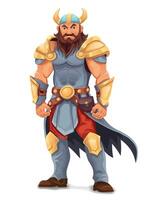 ancient fantasy warrior with stern face standing threatening pose in armor and with weapon illustration isolated background vector