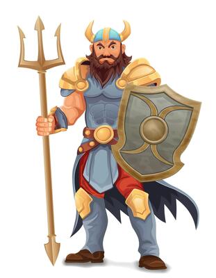 ancient fantasy warrior with stern face standing threatening pose in armor and with weapon cartoon illustration isolated on white background