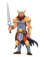ancient fantasy warrior with stern face standing threatening pose in armor and with weapon illustration isolated on white background vector