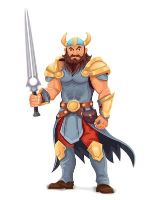 ancient fantasy warrior with stern face standing threatening pose in armor and with weapon illustration isolated on white background