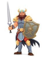 ancient fantasy warrior with stern face standing threatening pose in armor and with weapon cartoon illustration isolated background vector
