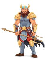 ancient fantasy warrior with stern face standing threatening pose armor and with weapon cartoon illustration isolated on white background vector