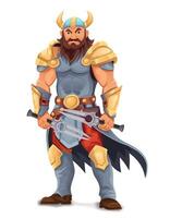 ancient fantasy warrior with stern face standing threatening pose in armor and with weapon illustration vector