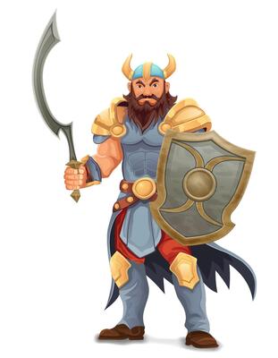 ancient fantasy warrior with stern face standing threatening pose in armor and with weapon cartoon illustration isolated white background