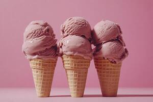 Three delicious ice creams in waffle cones on the table on a pink background. Minimalistic style. Generated by artificial intelligence photo