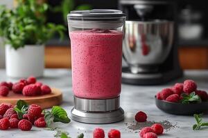 Smoothie with raspberries and chia seeds in a blender bowl. Healthy drink at home. photo