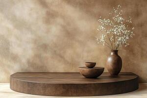 Podium on marble table against natural wall background. Design mockup for luxury cosmetic product placement. photo