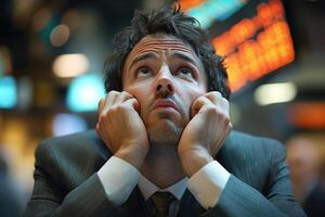 A young businessman rests his head on his hands, upset, against the backdrop of stock market charts. photo