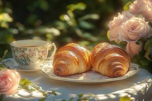A perfect morning scene with fresh croissants on a plate and a cup of tea on a table in a blooming garden. photo
