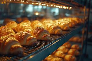 Baking croissants. Delicious crispy croissants are baked on a rack in the oven. Generated by artificial intelligence photo
