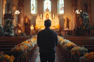 A man walks towards the altar along wooden pews decorated with flowers in a church. photo