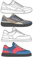 Sport Shoes Set Bundle of Hand Drawn Sneakers in Color and Outline vector