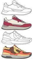 Minimal Sneaker Pack Clean Line and Colored Shoe Drawings vector