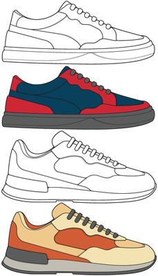 Hand Drawn Sneakers Set Streetwear Shoes in Outline and Color
