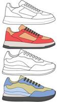 Hand Drawn Shoe Collection Stylish Sneakers in Color and Outline vector