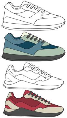 Editable Sneaker Set Sporty Hand Drawn Shoes in Flat and Line Art Styles