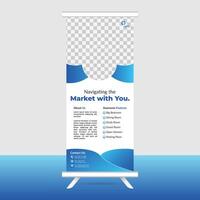a roll up banner stand with blue waves and a text vector