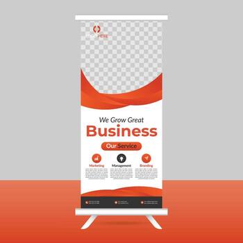 a roll up banner stand with a red and white design vector
