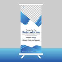 a roll up banner stand with blue and white shapes vector