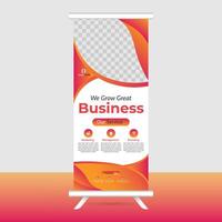 a roll up banner stand with orange and white design vector